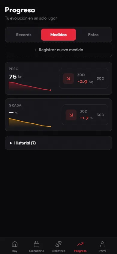 Pantalla de la app KONDIX: pestaña de medidas con gráficos de evolución de peso corporal y porcentaje de grasa